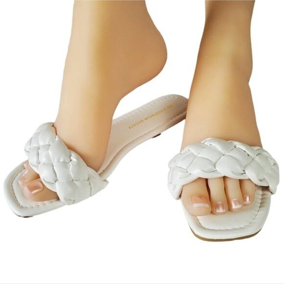 Thick Woven Band Faux Leather Square Toe Flat White Slip-On Sandals Shoes 8 - Picture 1 of 7